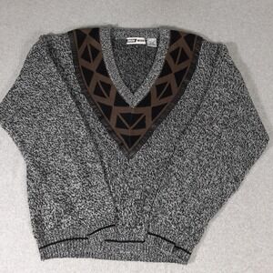Vintage Urban Works Mens Large V-Neck Sweater Leather Trim Geometric Gray Marled